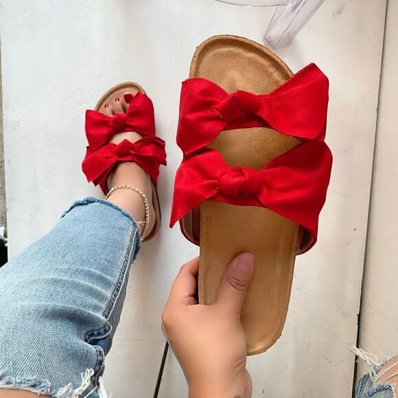 Red Double Bow Slide Sandal - Picture 3 of 6